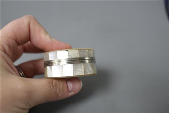 A Chinese engraved mother of pearl and tortoiseshell small box, diameter 4.5cm
